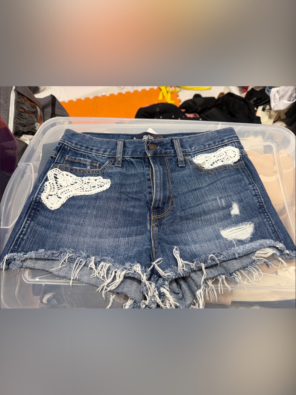Hollister Blue Denim Distressed Crochet Accent Shorts